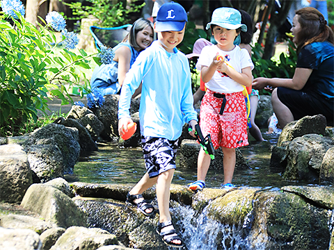 せせらぎ水路で遊ぶ子どもたち