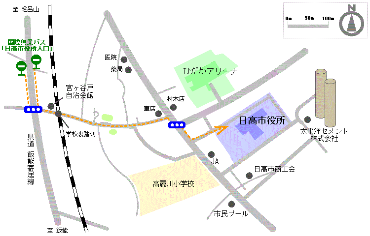 バス停から市役所への道順を表すイラスト