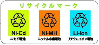 ニカド電池、ニッケル水素電池、リチウムイオン電池のリサイクルマーク