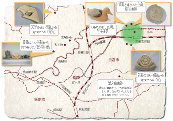 日高市内から発見された、「高麗郡」がつくられた時の品々と、地図のイラスト