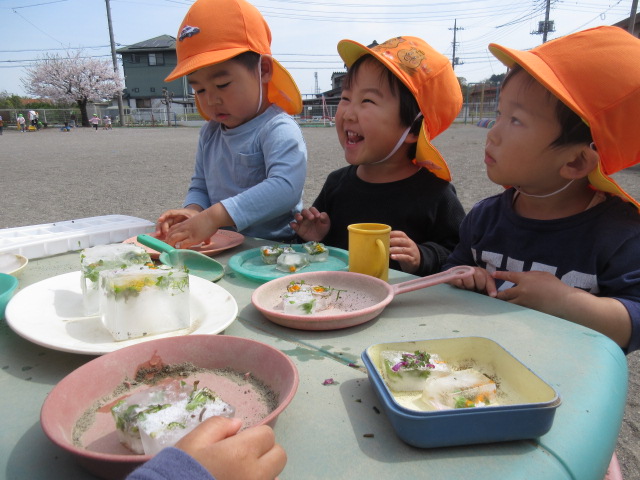 できた花氷を机に並べパーティー気分。嬉しそうな子どもたち。