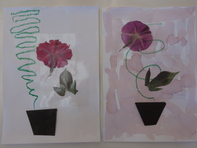 高麗保育所4歳児自然レポート「朝顔の押し花画」「野菜スタンプの制作」