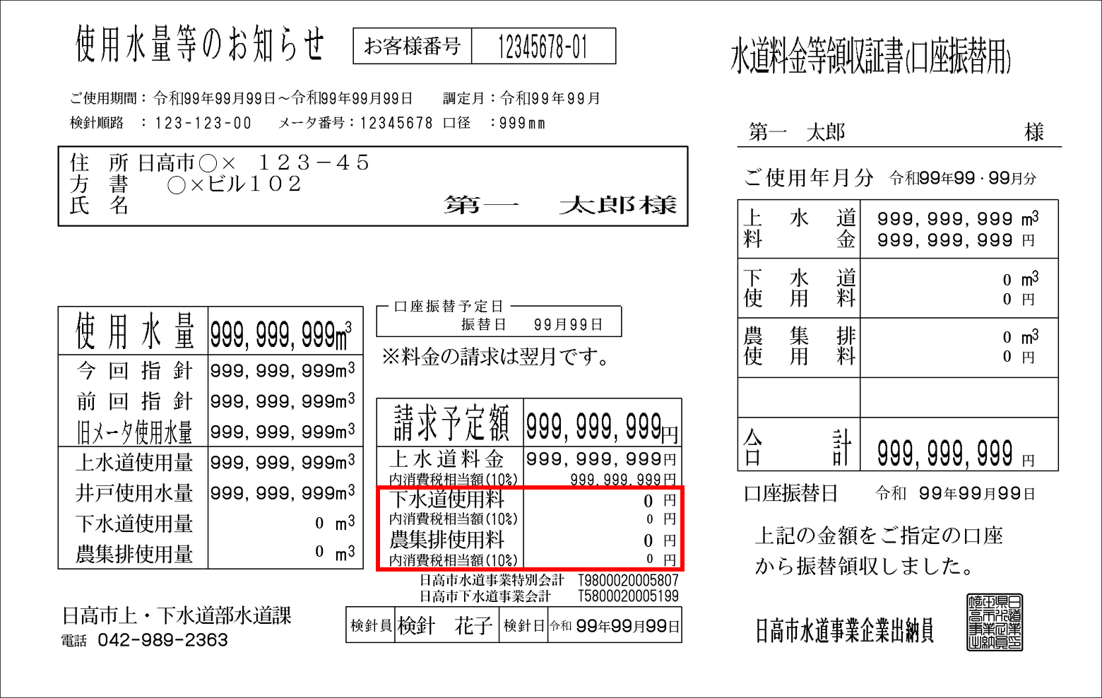 「使用水量等のお知らせ」の下水道使用料もしくは農集排使用料の金額記載欄（赤枠）