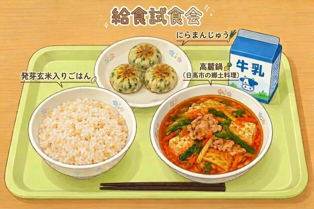 学校給食試食会献立のイラスト、発芽玄米入りご飯、にらまんじゅう、高麗鍋（日高市の郷土料理）、牛乳
