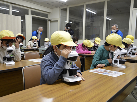 顕微鏡を見る小学生の様子