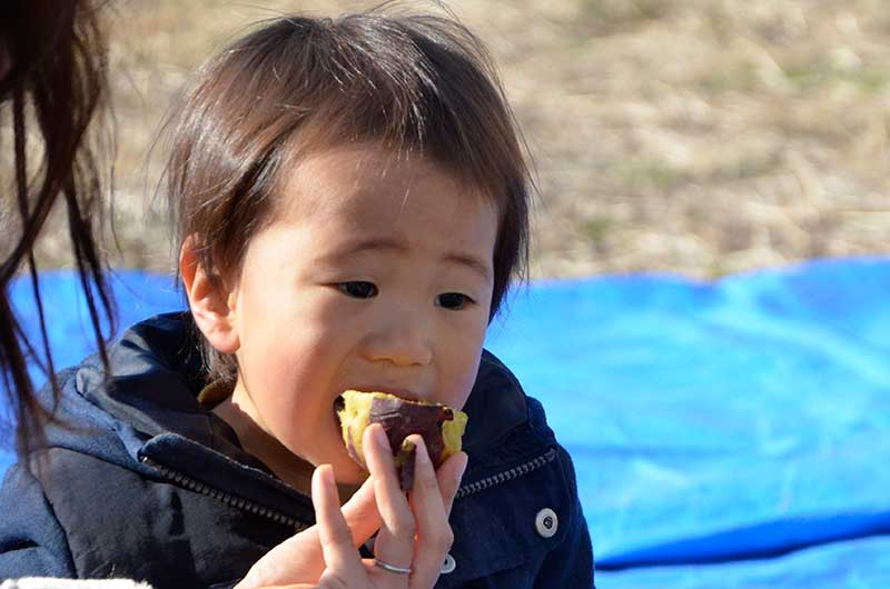 男の子が焼き芋を食べている様子