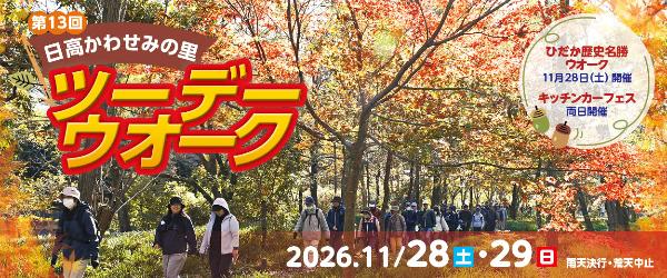 第13回日高かわせみの里ツーでーウオーク11月28日（土曜日）・29日（日曜日）開催。雨天決行・荒天中止。ひだか歴史名称ウオーク11月28日（土曜日）開催、キッチンカーフェス両日開催。紅葉の巾着田を歩く昨年の様子の写真