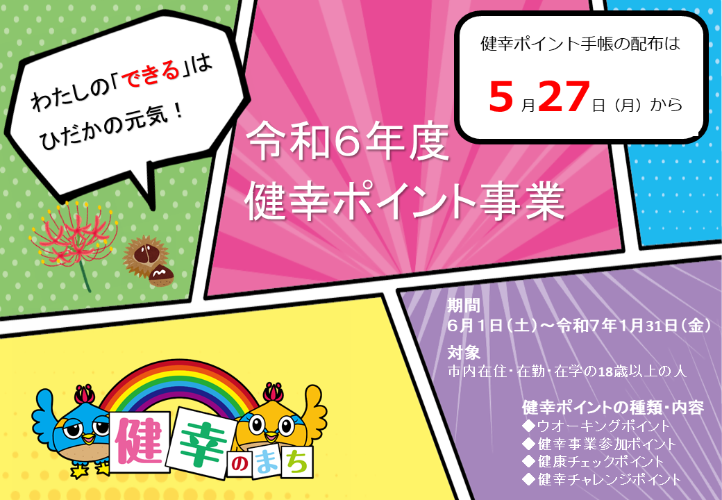 令和6年度健幸ポイント事業は6月1日（土曜日）から令和7年1月31日（金曜日）まで、対象者は市内在住、在勤、在学の18歳以上の人です。健幸ポイントの種類やウオーキングポイント、健幸事業参加ポイント、健康チェックポイント、健幸チャレンジポイントです