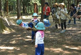 中沢地内の雑木林で行われた、けやの森学園主催の日仏教育実践交流会の様子の写真