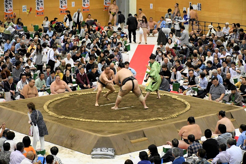 土俵上で2人の力士が取り組みを行う様子