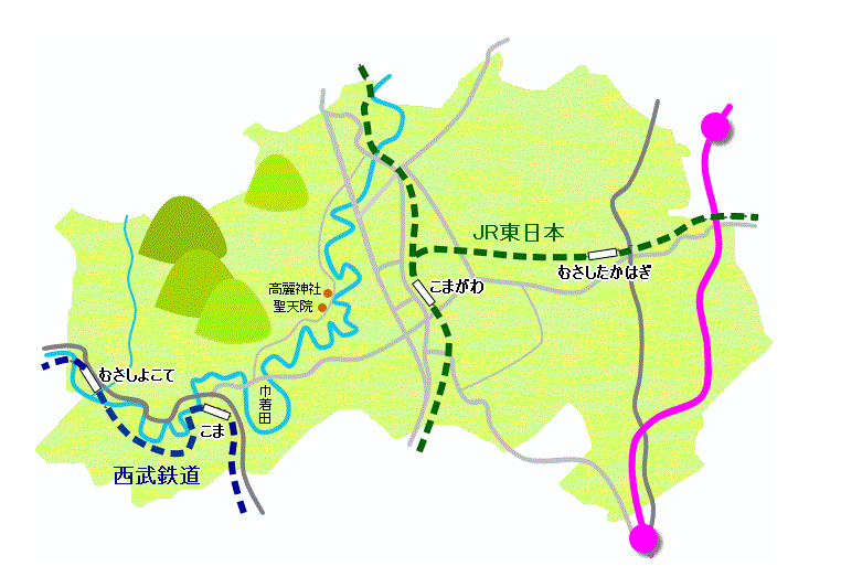 日高市内のJR東日本と西武鉄道の路線図のイラスト
