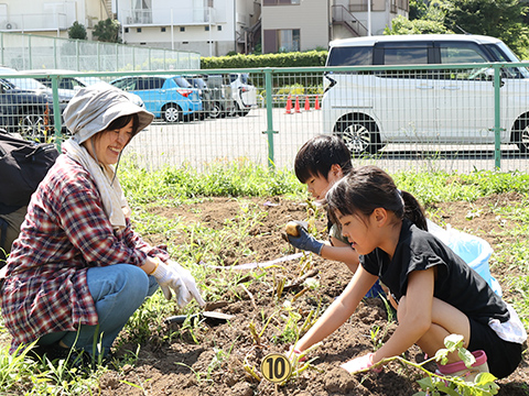 お母さんと子どもたちが土を掘りジャガイモを収穫しているところ